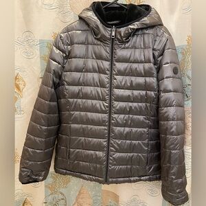 Andrew Marc Womens Puffer Silver Shiny Winter Jacket Faux Fur Hooded Lg Zip